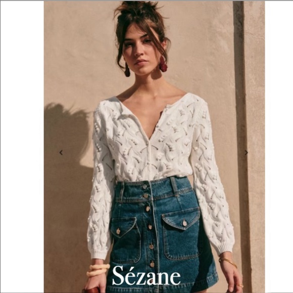 Sezane White Cotton Cable Knit Cardigan with Bell Sleeves - S - Picture 2 of 10